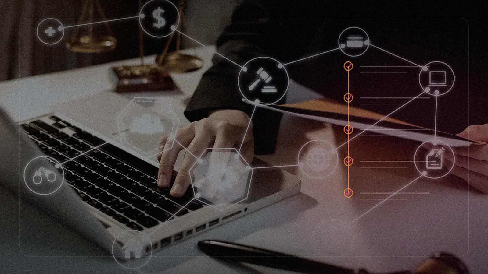 Law firm workstation connected to a step-by-step recovery checklist